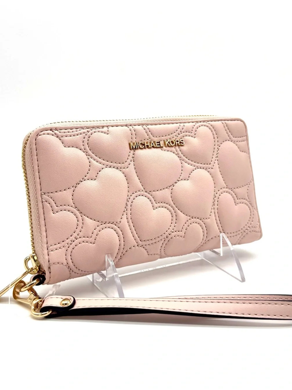 Michael Kors Large Quilted Heart Flat MF Phone Case Wallet Powder Blush